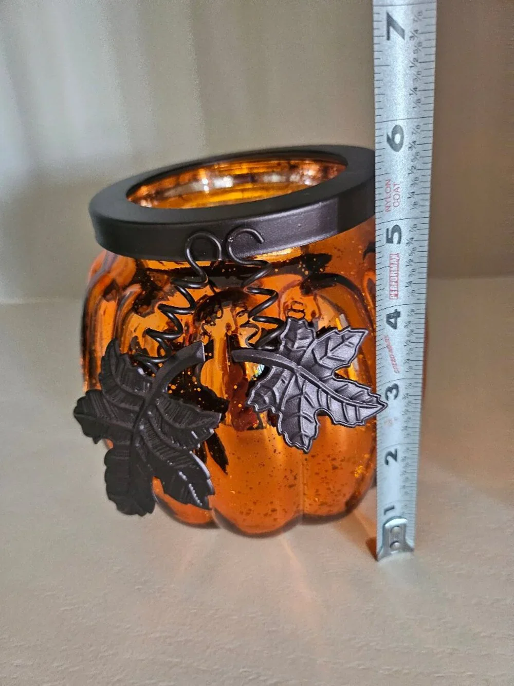 Mercury Glass Pumpkin Candle Holder With LED Votive Light And Bronze Leaf Accent